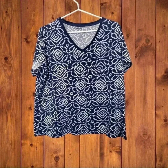 Lands’ End 100% lightweight cotton top, relaxed fit, navy w white pattern - Picture 1 of 5